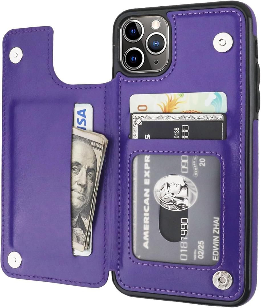 for iPhone 11 Pro Max Wallet Case with Card Holder,OT ONETOP PU Leather Kickstand Card Slots Case,Double Magnetic Clasp and Durable Shockproof Cover for iPhone 11 Pro Max 6.5 Inch (Purple)