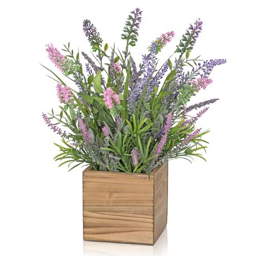 DILATATA Rustic Lavender Flowers Artificial Lavender Decor Fake Lavender Plant in Wooden Pot Faux Plants for Home Bathroom Table Centerpieces Wedding Decor Potted Lavender Flower Purple Decor