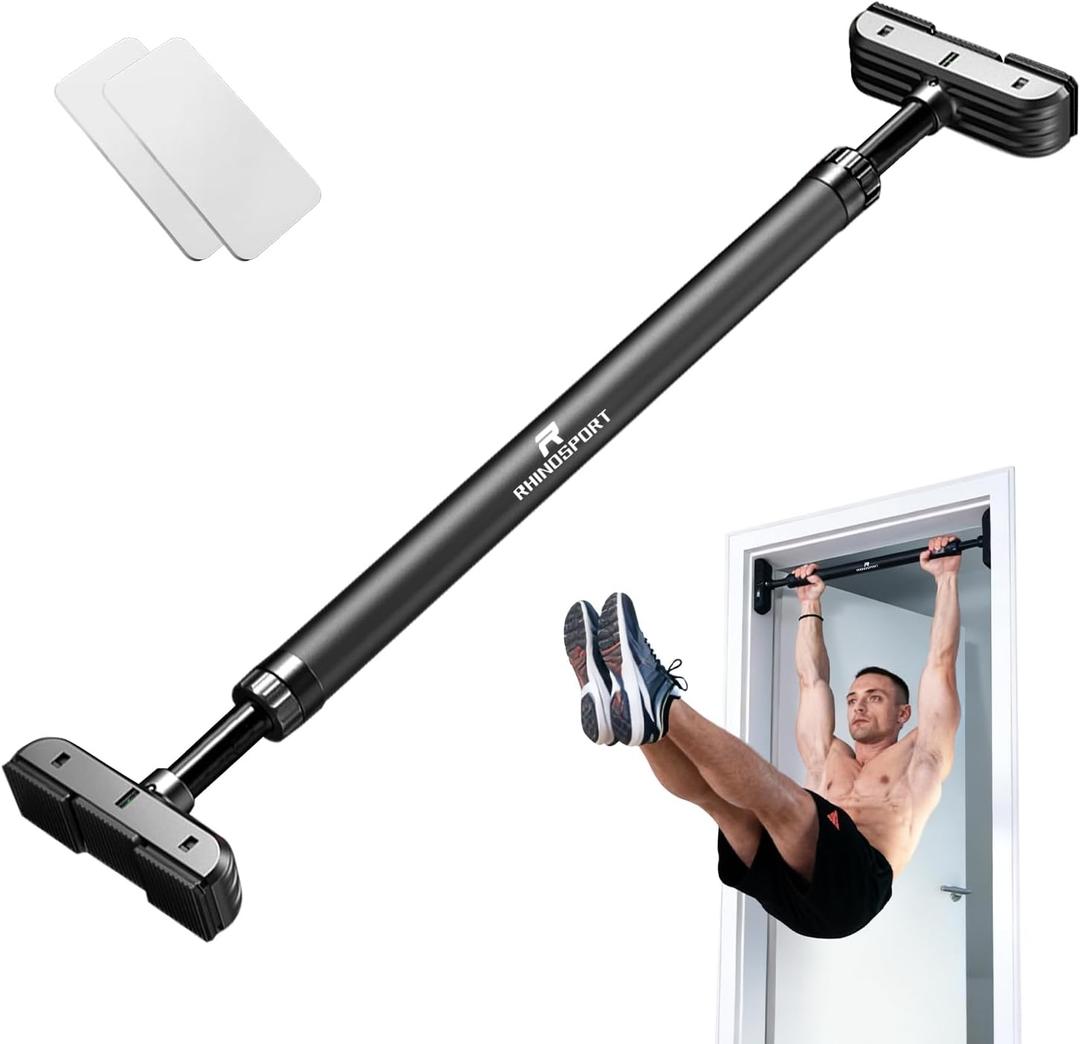 RHINOSPORT Door Pull Up Bar Doorway No-Screw from 69-92 cm (27.1in-36.2in) Workout Equipment for Home Gym Upper Body Workout Non-slip 2x EXTRA Foam Padding for Ultimate Door Frame Protection (Black)