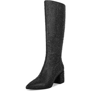wetkiss Rhinestone/PU Low Chunky Pointed Toe Knee High Boots for Women with Full Bling Sparkly Crystals Booties for Wedding Party Date Dress (9)