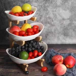  Fruit Bowl for Kitchen Counter - 3 Tier Ceramic Serving Bowls with Bamboo Stand, Tiered Fruit Basket for Fruit Vegetable Storage, Cake, Dessert, Nuts, Snack, Salad (Dishwasher safe)