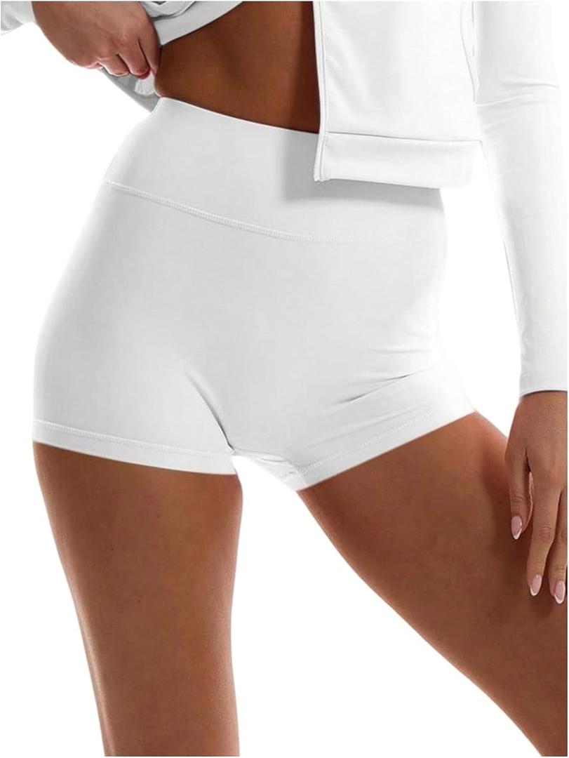 SweatyRocks Women's High Waisted Biker Shorts Tummy Control Yoga Workout Gym Shorts White, Medium