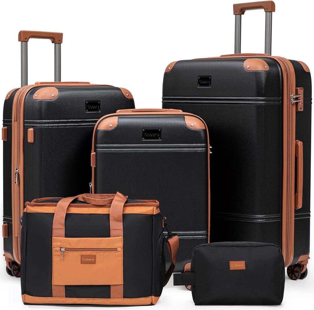 Expandable Luggage Sets 5 Piece with Detachable Spinner Wheels and TSA Lock,ABS Hard Case Suitcases with Wheels,Carry On Luggage Set (5 Piece Sets (20/24/28/DB/TB), Black)