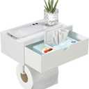 White Toilet Paper Holder with Shelf,Wall Mount/Adhesive Bathroom Toilet Paper Holder,Bamboo Wood Tissue Toilet Roll Holder with Storage Drawer for Organizer Wipes,Fits Any Room