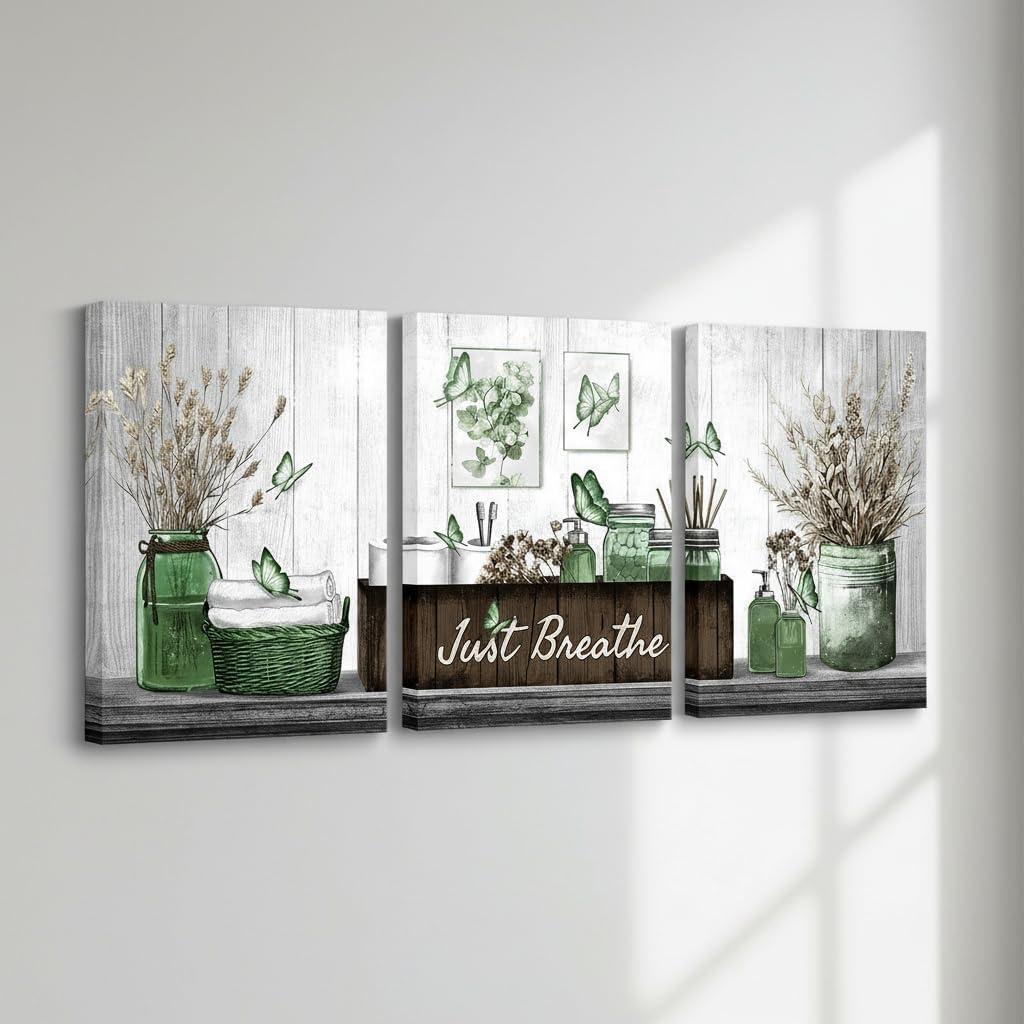 RnnJoile Sage Green Bathroom Decor Botanical Pictures Wall Art Just Breathe Sign Canvas Painting for Bathroom Wall Decor 12"x16" Each (Green)