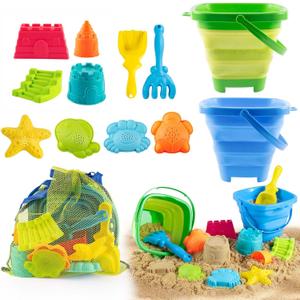 Collapsible Beach Toys for Toddlers Kids 2 Foldable Sand Buckets Shovel Rake, 8 Sand Molds & Castle Building Kit, Mesh Bag 13-Piece Travel Sandbox Toy Set Ages 3-12