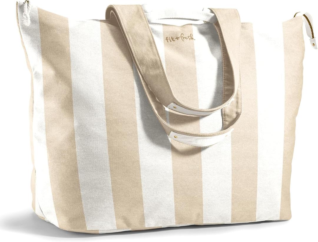 Fit & Fresh Large Beach Bag for Women - Extra Large Travel Tote With Pockets (Taupe Stripe)