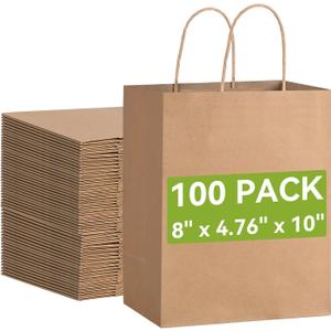 Brothersbox Brown Gift Bags with Handles 100PCS, 8 * 4.76 * 10 Inch Medium Kraft Paper Bags Bulk for Craft Shopping Business Party Favor Retail Birthday Grocery