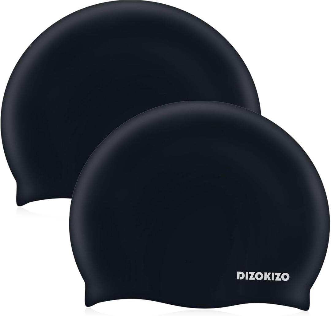 2pcs Silicone Swim Cap for Kids 6-14, High Elasticity Comfortable Non-Slip Swimming Cap for Girls & Boys, Durable Waterproof Swim Hats for Long and Short Hair, Keep Hair Dry (Black & Black)