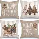GEEORY Christmas Pillow Covers 18 x 18 Inch Set of 4, Striped Wooden Tree Snow Sleigh Merry Bright Xmas Holiday Decor Decorative Throw Cushion Case Decoration for Home Party Sofa Couch (Brown)