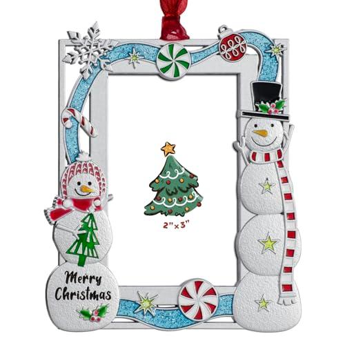 FIHOO 2025 Christmas Ornaments 3x2 inch Picture Frame Metal Hanging Pendant for Tree Small Decorative Keepsake, Display Photo for Baby and Pet (Snowman (Blue))