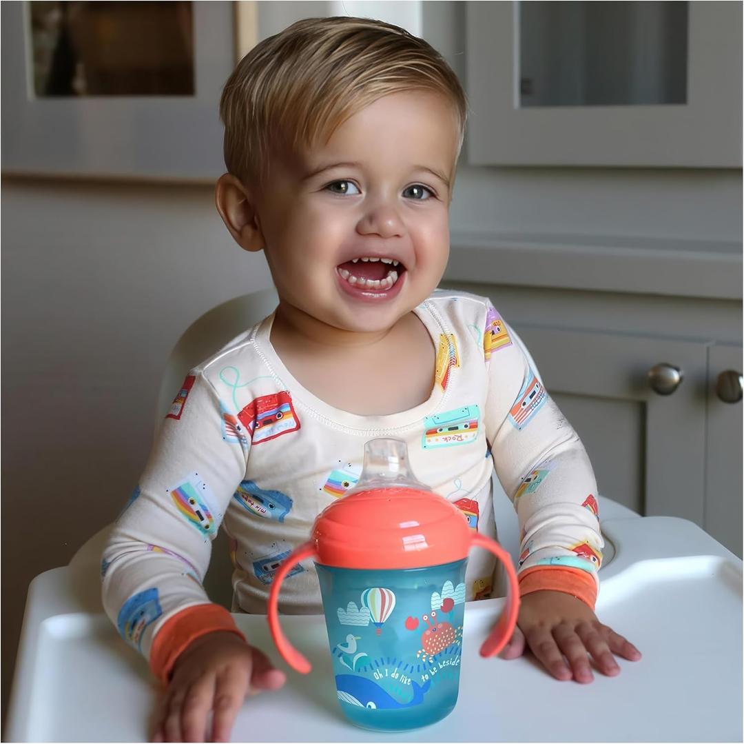 Nuby No-Spill Two Handle Babys First Soft Spout Cup with Hygienic Cover | 2 pack: Aqua Travel & Blue Cars or Aqua Ocean & Pink Animals | 8oz/ 240 ml | 4+ Months | 2 pack