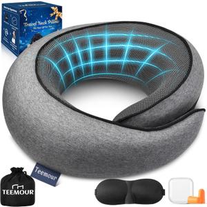 Teemour Travel Neck Pillow Airplane 360 Support Memory Foam Travel Pillows for Airplanes with Eye Mask & Ear Plugs, Portable Carry Bag for Travel & Office, Essentials for Home, Business Trip, Large (Dark Grey (Large Size))