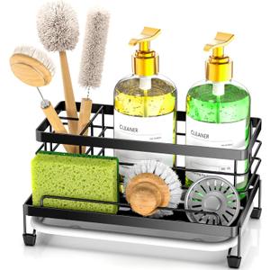 Cisily Large Black Sponge Holder for Kitchen, Sink Caddy Sink Organizer Rack for Kitchen Accessories with Drip Tray, Rustproof and Non-slip, Soap Dispenser Countertop Organizer Essentials for New Home