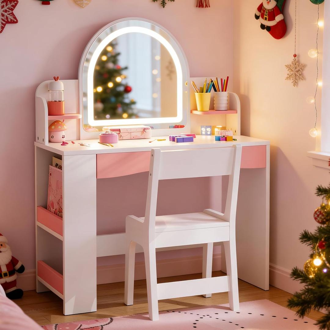 Teckid Kids Vanity Table and Chair Set with Lights, Toddler Vanity Desk for Girls, Princess Makeup Vanity for Kids with Storage Shelves, Open Bookshelf and Stools, White, Small