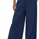 Women Linen Wide Leg Pants High Waisted Smocked Elastic Waist Palazzo Pants Lightweight Beach Travel Pants Navy Blue, Medium