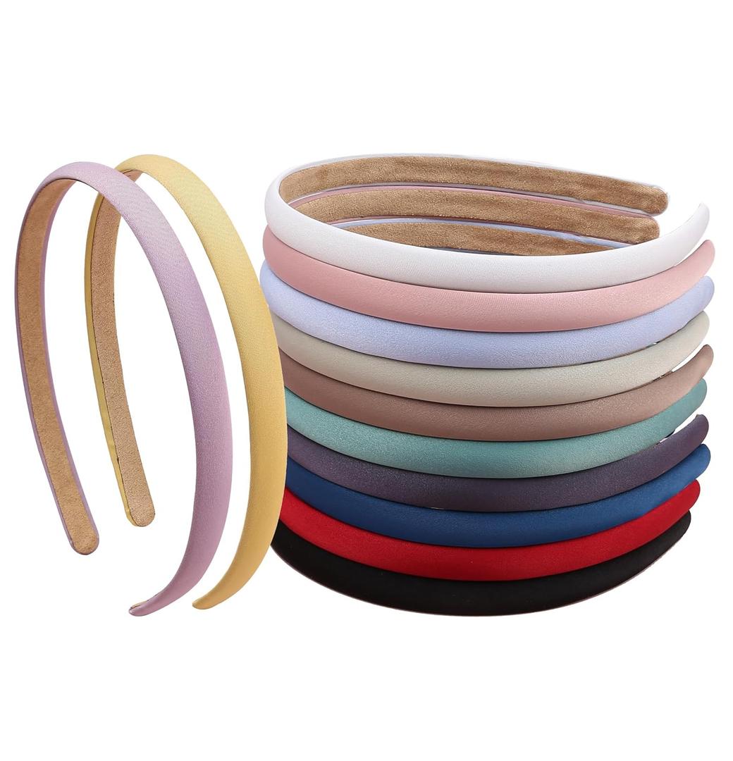 XIMA Solid Fabric Headbands for Women and Girls, 10mm Soft Satin Thin Non-Slip Hairbands, Set of 12