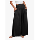 ANRABESS Women Palazzo Pants Summer Boho Baggy Wide Leg High Smocked Waist Casual Loose Lounge Pant with Pocket L (Black)