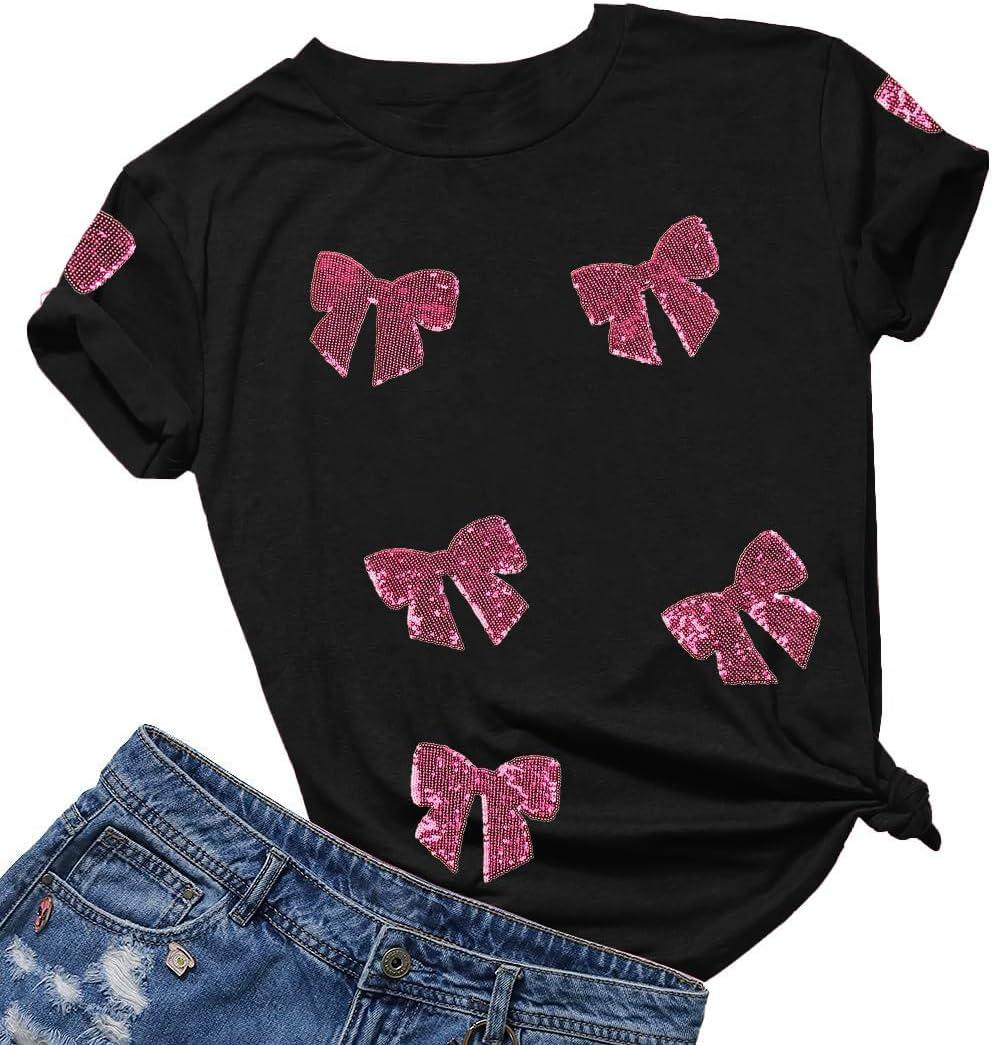 Womens Bow Shirt Coquette Aesthetic Shirts Cute Sequin Graphic Tees Trendy Pink Bow Ribbon Short Sleeve Tee Tops (X-Large, Black)