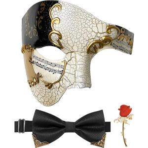 IncreDecor Masquerade Mask for Men Phantom of The Opera Half Face Mask with Bowtie, Venetian Masks for Halloween Party