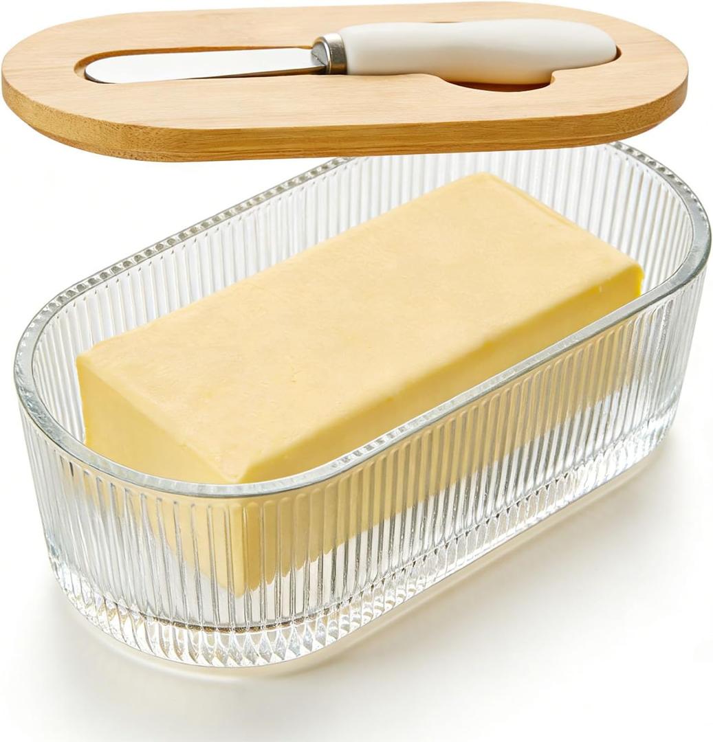 Glass Butter Dish With Lid For Countertop, Ribbed Glass Butter Dish With Bamboo Lid And Knife, Large Butter Container For East & West Coast Butter, Covered Butter Dishes For Refrigerator