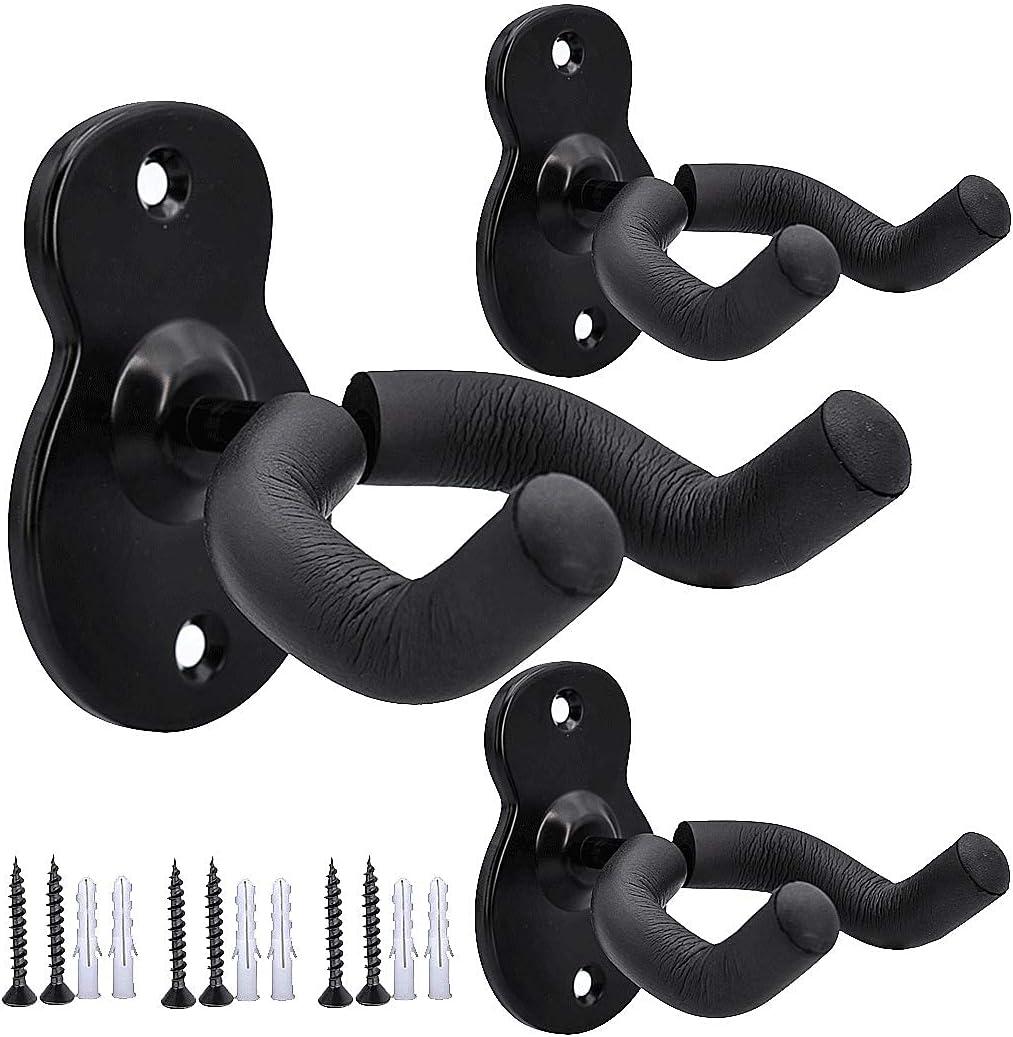 Sound harbor Guitar Wall Mount Wall Hanger 3 Pack Hook Black Metal Guitar Holder for Acoustic Electric Bass Guitar Ukulele Banjo Mandolin