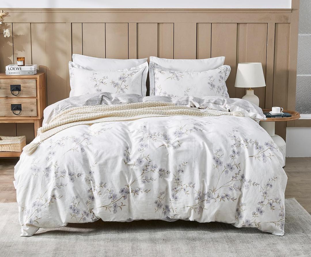 Comforter King Size, 600 Thread Count Cotton White Printed with Purple Botanical Comforter Set,Down Alternative Bedding Set 3Pcs(King, Purple Botanical)