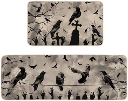 Moutina Gothic Crows Halloween Kitchen Rugs Set of 2, Halloween Holiday Party Home Decor Low-Profile Kitchen Mats for Floor - 17x29 and 17x47 Inch