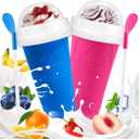 Slushie Cup, 2 Pack Slushy Maker Cup, Frozen Magic Squeeze Cups for Juice Milk Yogurt Ice Cream Make, DIY Smoothie Cooling Cup with Lid & Straw for Kids Friends Family (Blue+Pink)