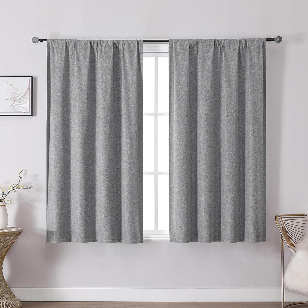 OVZME Grey Blackout Window Curtains 45 Inch Length 2 Panels, Soft Faux Linen Curtain for Window, Thin Thermal Insulated Privacy Protect Drapes for Living Room Bedroom, Rod Pocket Design, 37Wx45L Inch