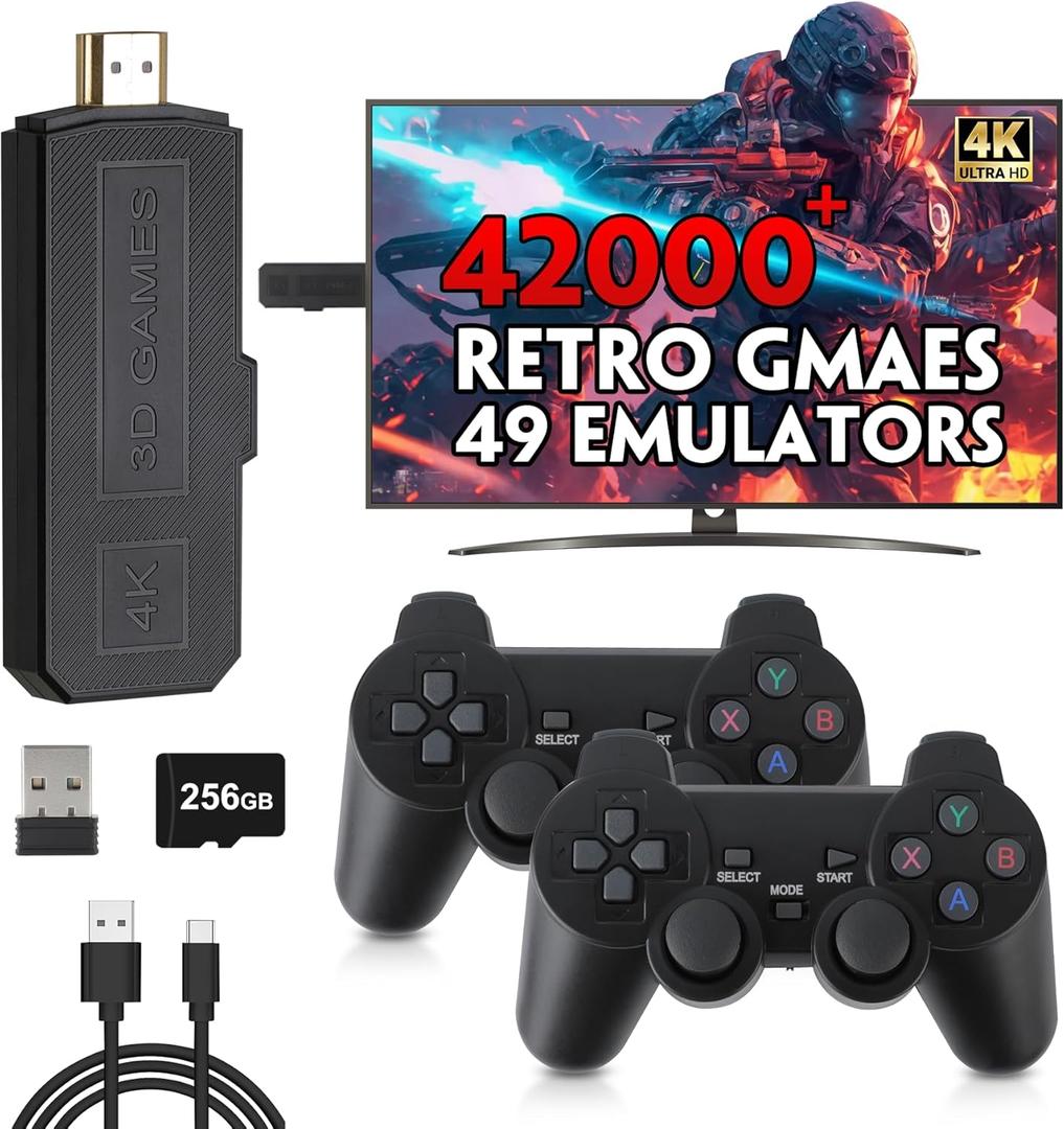 Wireless Retro Game Console Stick, 4K Plug & Play TV Video Game Stick, Pre-Installed 42,000+ Games, 49 Emulators, 256GB Memory Card, with Dual 2.4G Wireless Controllers, HDMI Output