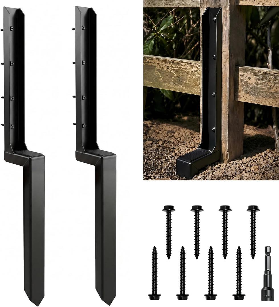 Fence Post Repair Anchor, Heavy Duty Steel Thickened Fence Post Repair Kit, Ground Stakes Quick Fix Tilted/Broken/Leaning 4x4/6x6 Wooden and Metal Posts, Set of 2, Black