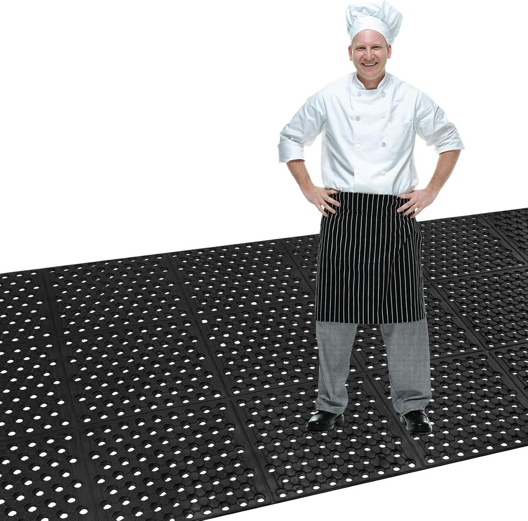 82.6 x 35.4 Inch Non-Slip Commercial Anti-Fatigue Drainage Rubber Mat Roll, Heavy Duty Rubber Floor Mat with Holes for Restaurants, Bars, and Wet Areas, Black