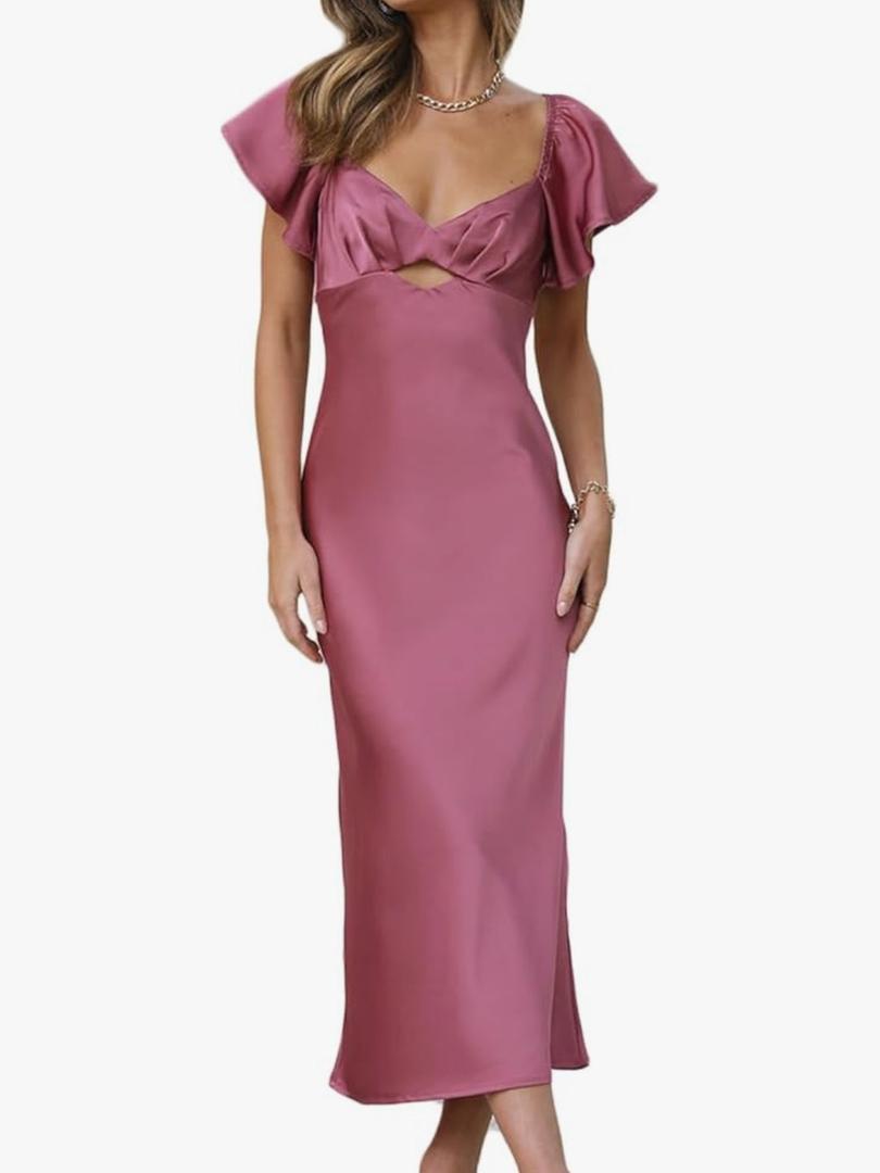 VUBIYA
Summer Satin Flutter Sleeve Wedding Guest Dresses for Women Sweetheart Neckline Cutout Tie Back Midi Cocktail Dress S