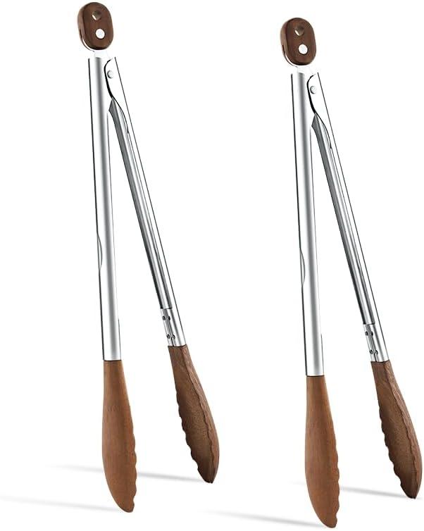 13 Inch Wooden Kitchen Cooking Tongs 2 Packs, Stainless Steel Salad Tongs with Walnut Wood Tip, Serving Food Toaster, Grilling Outdoor BBQ, Smooth Locking & Hanging Cooking Utensils (Tan Brown)