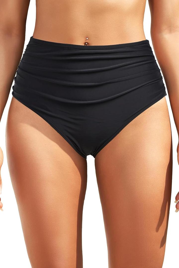 Zmart Women High Waisted Bikini Bottoms Tummy Control Full Coverage Swim Bottom Front Ruched Bathing Swimsuit (Medium, Black)