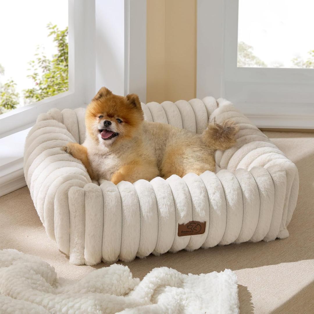 Bedsure ComfyFleece Cute Dog Bed for Small Medium Dogs - Washable Furry Puppy Beds, Rectangle Orthopedic Corduroy Fleece Pet Beds with Removable Zipper Cover, 25x21x7inches, Cream