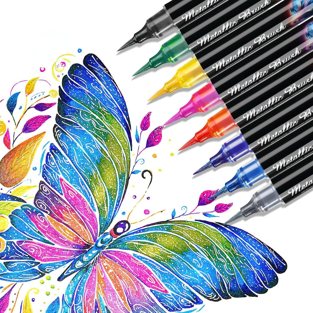 miikoul 8 Colors Metallic Paint Markers Brush Glitter Color Ink Calligraphy Brush Pens for Hand Lettering, Art Drawing, Sketching, Scrapbooking, Journaling