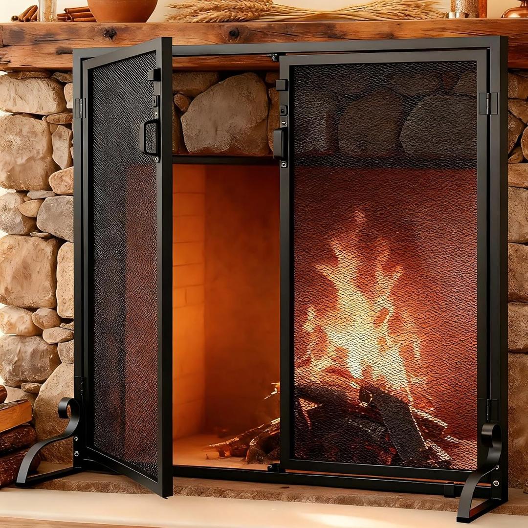 Gtongoko Fireplace Screen with Hinged Doors 37.8" L x 30.7" H with Handles and Secure Lock Handcrafted Wrought Iron Decorative Fire Spark Guard for Living Room Home Decor Powder Coated Black