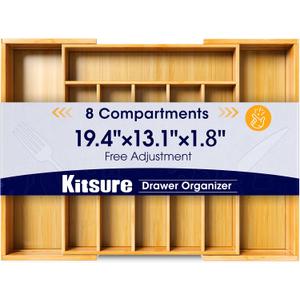 Kitsure Large Bamboo Silverware Organizer - Expandable Drawer Organizer for Utensil, Cutlery and Flatware, Kitchen Storage Solution with 6 to 8 Slots, Natural, 19.4"  13.1"  1.8"