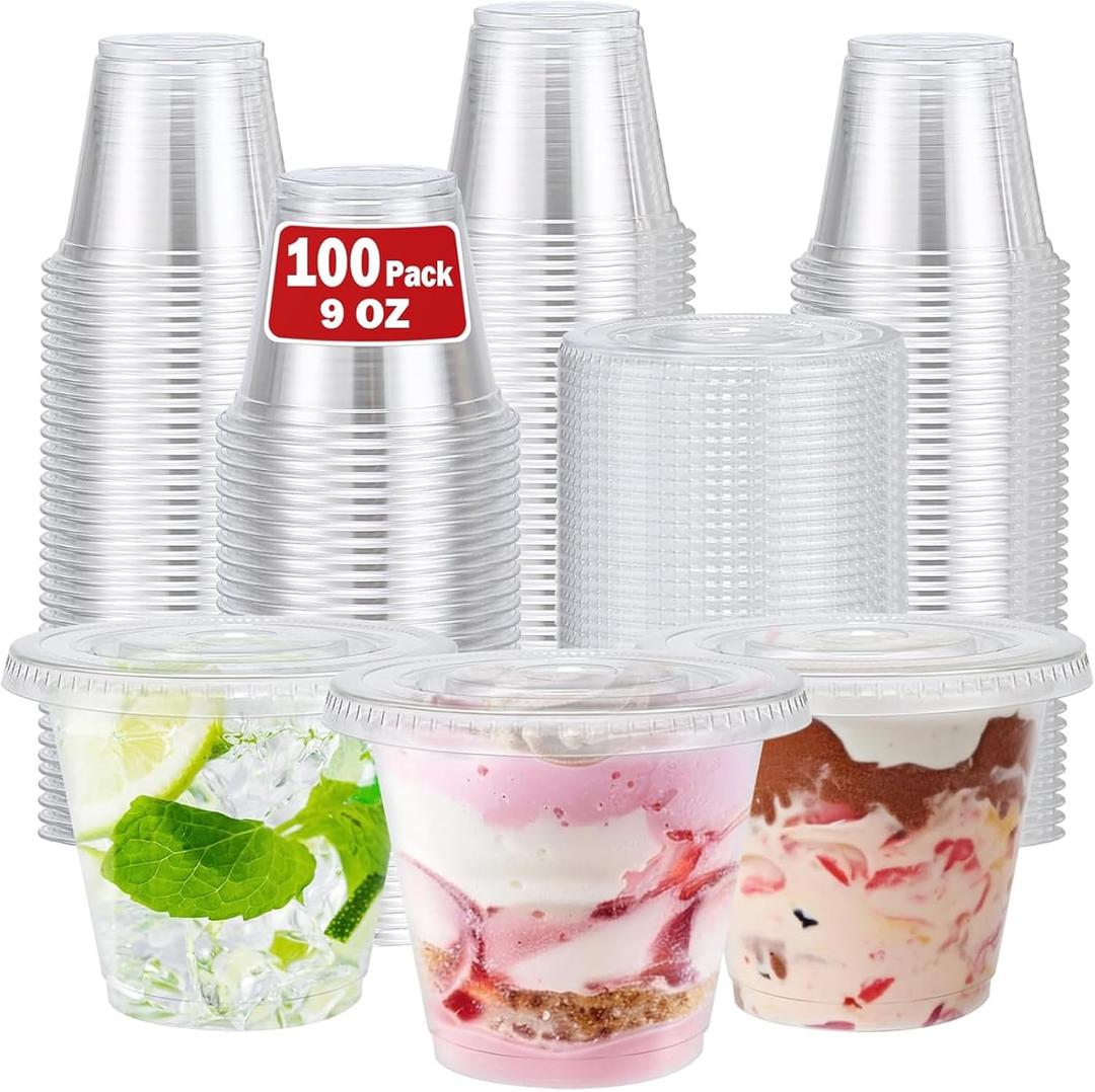 100 Pack 9 oz Clear Plastic Cups with Lids, Disposable Dessert Cup, Fruit Cup, Clear PET Cups for Cake, Cold Drink, Ice Cream, Salad