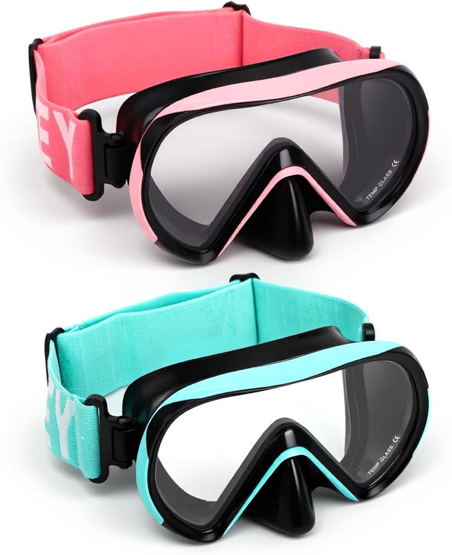 Diving Masks for Kids, Goggles with Nose Cover, Elastic Strap, Tempered Glass (2 Pack-Black Cyan & Black Pink)