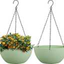 13 inch Large Hanging Planters Plant Pots for Outdoor Indoor Plants with Drainage Holes and Chain, 2 Pack Round Hanging Flower Pots for Garden Home Porch Decor, Green