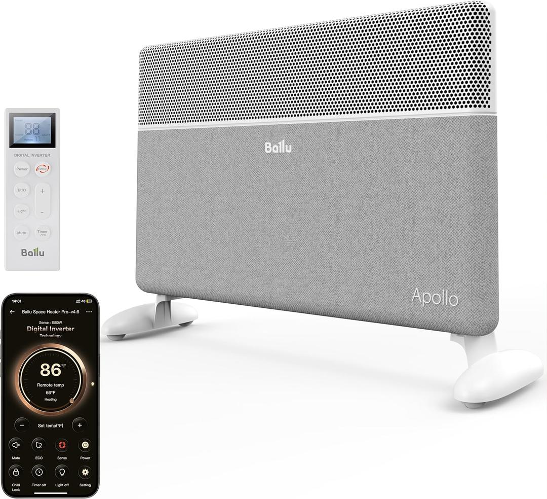 Ballu Convection Panel Space Heater for Large Room,Smart Quiet Heater with Programmable Thermostat,WiFi App Control,Inverter Energy Efficient for Indoor Use,Compatible with Alexa,White