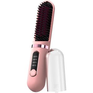 Cordless Hair Straightener Brush, Portable Straightening Brush for Women, Mini Negative Ion Hot Comb for Travel, 30Mins Auto-Off, USB Rechargeable, Fast Heating 4 Temperature Settings (Pink)