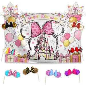 Allenjoy Princess Mouse Party Decorations Set - 11 Piece Kit with 59"x35" Backdrop, 2 Headbands, 8 Photo Booth Props, Decor Supplies, Favors for Girls Daughter Kids Fans Teens