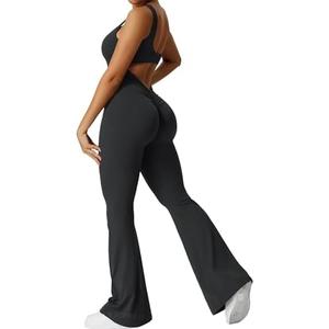 YEOREO Women Workout Scrunch Flare Jumpsuits Sexy Backless Butt Lift Gym Yoga Jumpsuits, Smal
