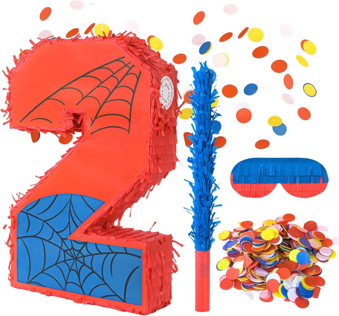 Superhero Birthday Decorations, Number 2 Spider Pinata 16 Inch with Piata Stick, Blindfold, Confetti for Boys and Girls Kids Birthday Party Supplies (2th)