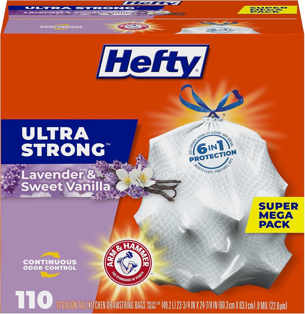 Hefty Ultra Strong 13 Gallon Trash Bags, Tall Kitchen Trash Bags 13 Gallon Size, Drawstring Closure, Continuous Odor Control, White, Lavender, and Sweet Vanilla Scent, 110 Bags