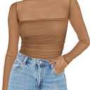 Zeagoo Womens Mesh Sheer Long Sleeve Top Mock Turtle Neck See Though Shirts Ruched Sexy Casual Going Out Blouses (Small, Light Tan)